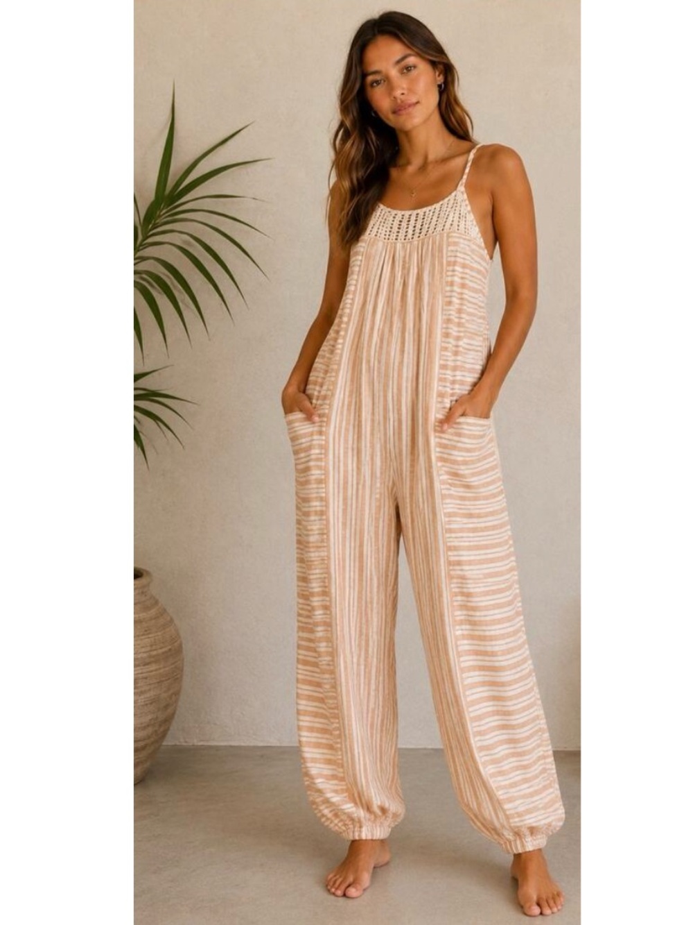 Agua Bendita Striped Creta Lula Cotton Linen Crochet Relaxed Jumpsuit Tan Large